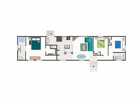 A floor plan of a house with a kitchen, living room, and bathroom.